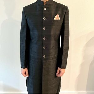 Black Raw Silk indo-western suit for men.